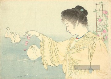 weiße berge Ölbilder verkaufen - Frau und weiße Schwäne 1906 Japaner
